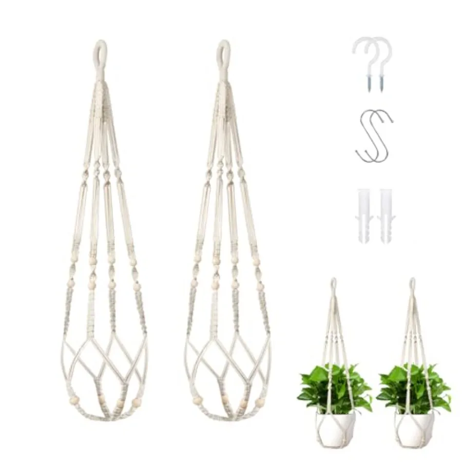 

35 Inch Macrame Plant HangerHooked TasselFree Planter Rack with Wooden Beads for Indoor and Outdoor Hanging PlantersWhite 2Pack