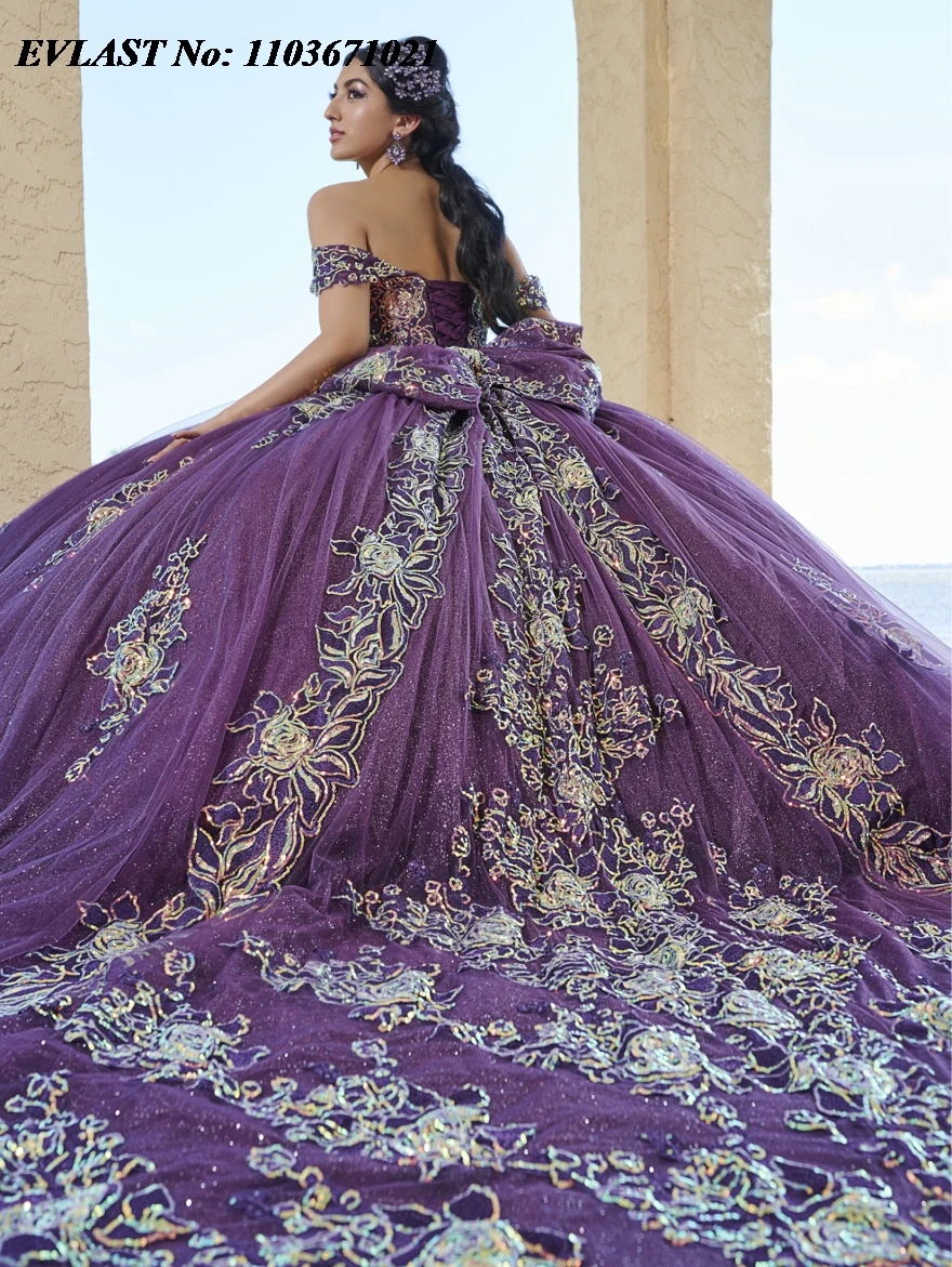 

EVLAST Customized Purple Quinceanera Dress Ball Gown Gold Lace Applique Beading With Bow Tiered Corset Vestidos De XV Anos SQ320