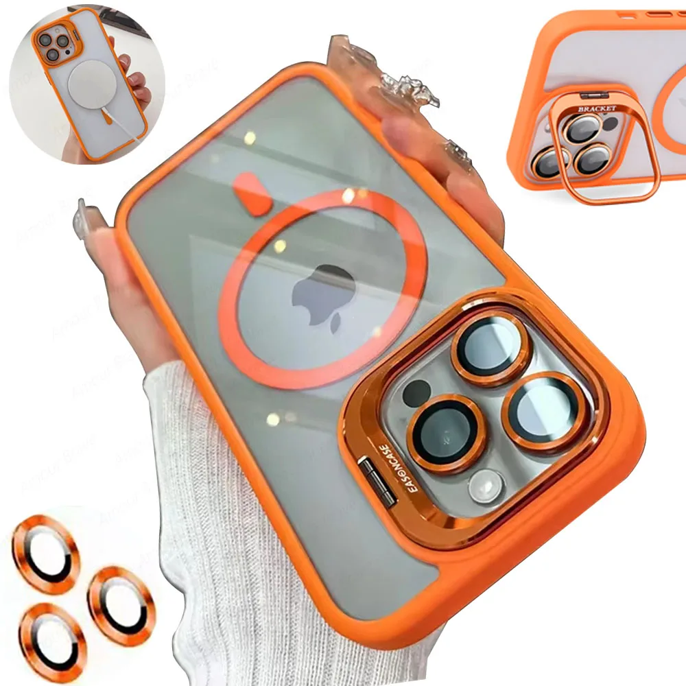 

Fashion Magnetic Shockproof Phone Case for IPhone 17Pro Max 16 17 Air for Magsafe Stand Glass Lens Protector Cover Desktop Stand