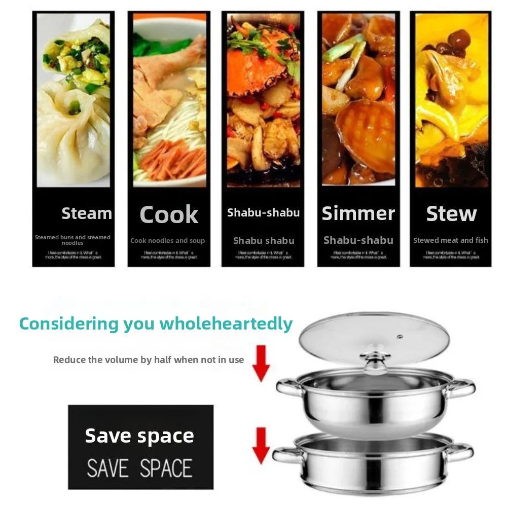 

Fish/Soup/Hot Pot Stainless Steel Steamer Tempered Glass Lid Double Handle Steaming Cookware Save Space Stainless Steel