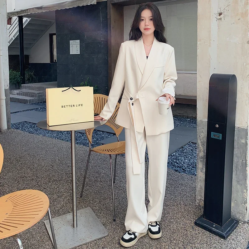 قطعتين مجموعات ملابس النساء ربيع جديد الصلبة بدوره إلى أسفل طوق كم طويل الدانتيل متابعة السترة معطف واسعة الساق فضفاض بانت الدعاوى Y2k #3