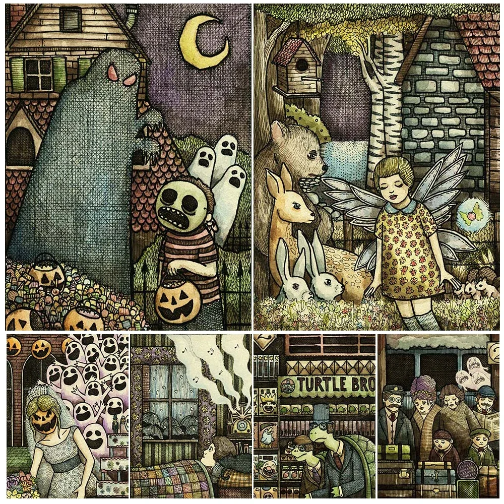 Monster Family Abstract Wall Art Canvas Painting Skeleton Demon,Mermaid Rock,Pumpkinski Brothers,Gothic Art Poster Print Decor