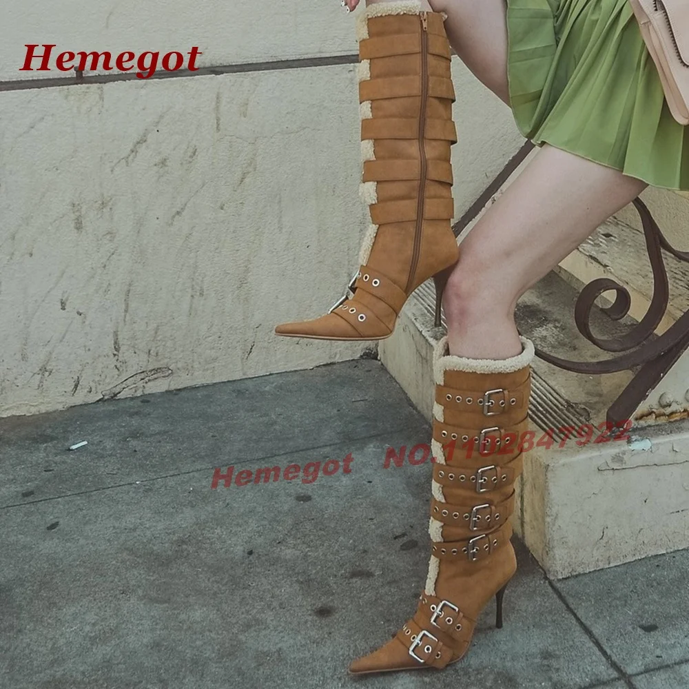 Brown Suede Knee High Boots Plush Fur Splicing Pointy Women's Long Boots Side Zipper Multi-Buckled Casual Shoes Stiletto Heels