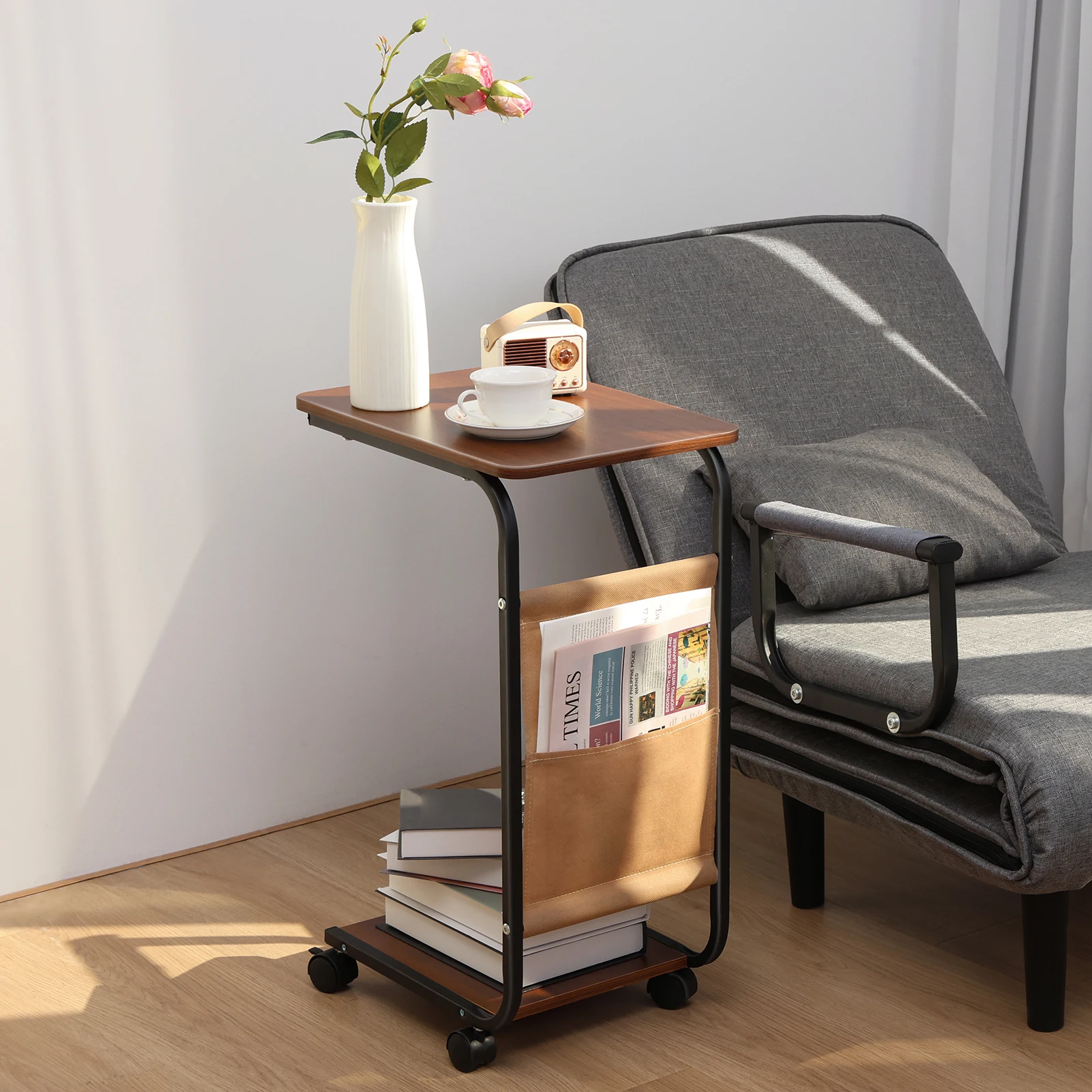 

Rectangle Side Table, Night Stand with 2-Tier Storage Shelf and Fabric Storage Bag, Living Room Small Coffee Table