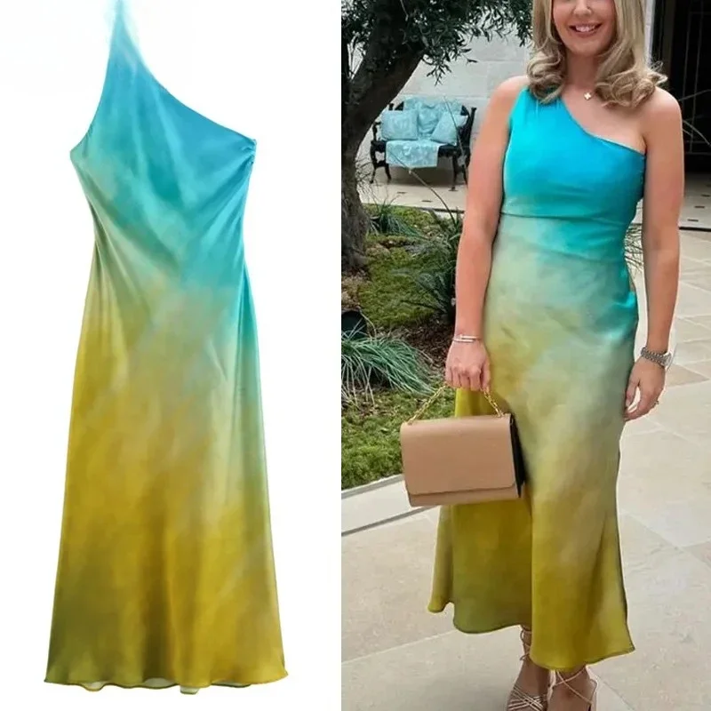 الصيف التعادل صبغ الساتان Vestidos المرأة غير المتماثلة قبالة فستان باكتاف مفتوحة الإناث عقدة عارية الذراعين فساتين طويلة بلا أكمام فستان الحفلات