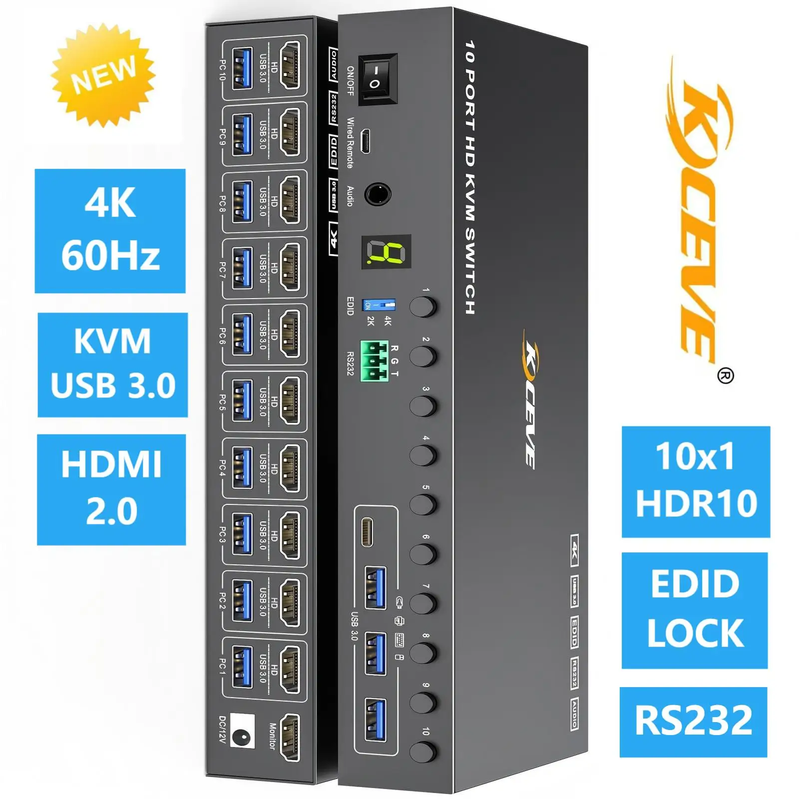 

2025 NEW 10 Port USB 3.0 KVM Switch 4K@60Hz EDID Simulation, HDMI KVM Switch for 10 Computers Share 1 Monitor and 4 USB Devices
