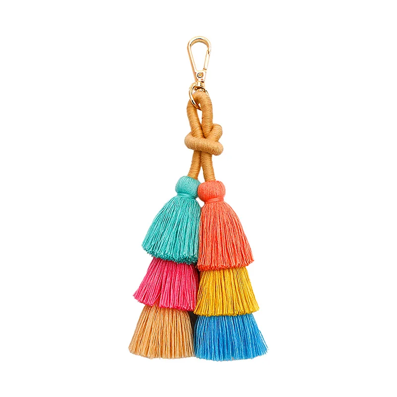 Handmade Pom Pom Colorful 3 Layered Tassel Keychain Bag charms Gradient Colors Key Holder Boho Jewelry Gift for women