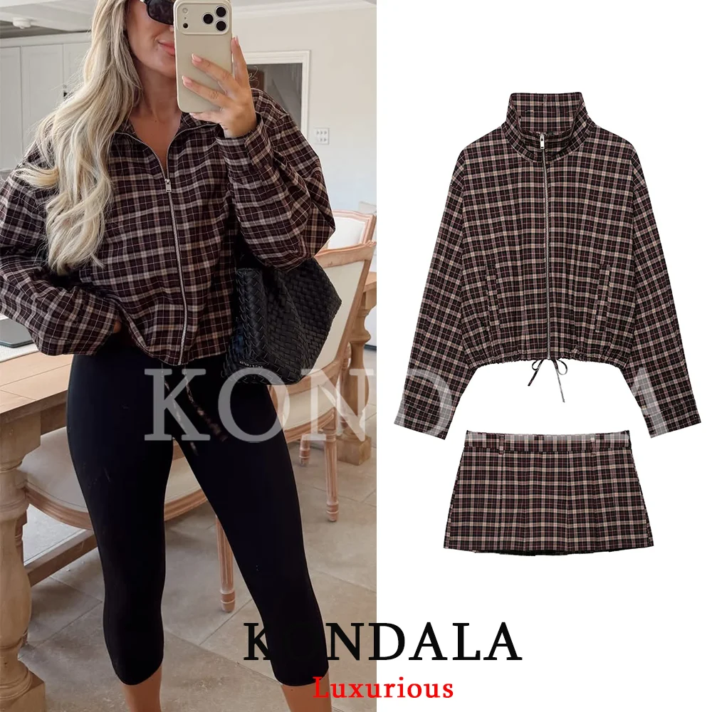 KONDALA Casual Chic Women Suit Plaid Stand Collar Long Sleeve Zipper Short Coat Folds Skirt Shorts Fashion 2026 Fall Holiday Set image 5