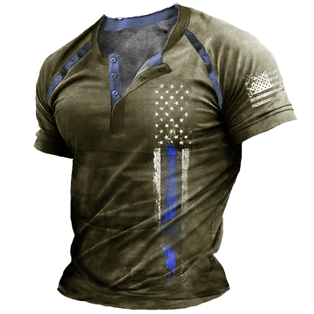 Funny 3D American Flag Print Men's Henry Shirt Fashion Henry Collar Short Sleeve Tops Summer Street Vintage Clothes Casual Tees view 4