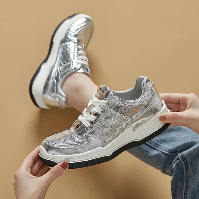 Novelty Metalized Pattern Design Sneakers Women Fashion Lace Up Thick-soled White Shoes Comfortable Light Soft Sole Casual Shoes