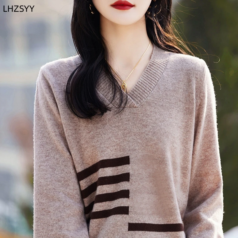 LHZSYY 100%Merino Woollen Sweater Ladies Fashion Bubble Sleeves Pullover Loose New Collision Color Blouse Jacket Knit Base Shirt