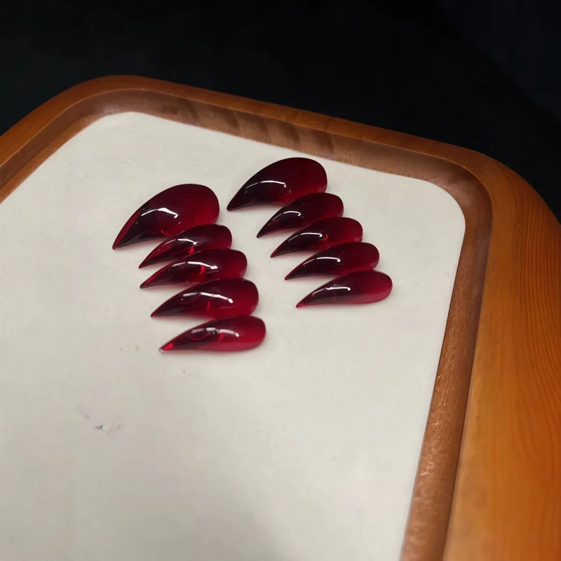 Long Stiletto Press On Nails, Glossy Transparent Burgundy Red Fake Nails, Gothic Blood Red Clear Almond False Nail Tips view 3