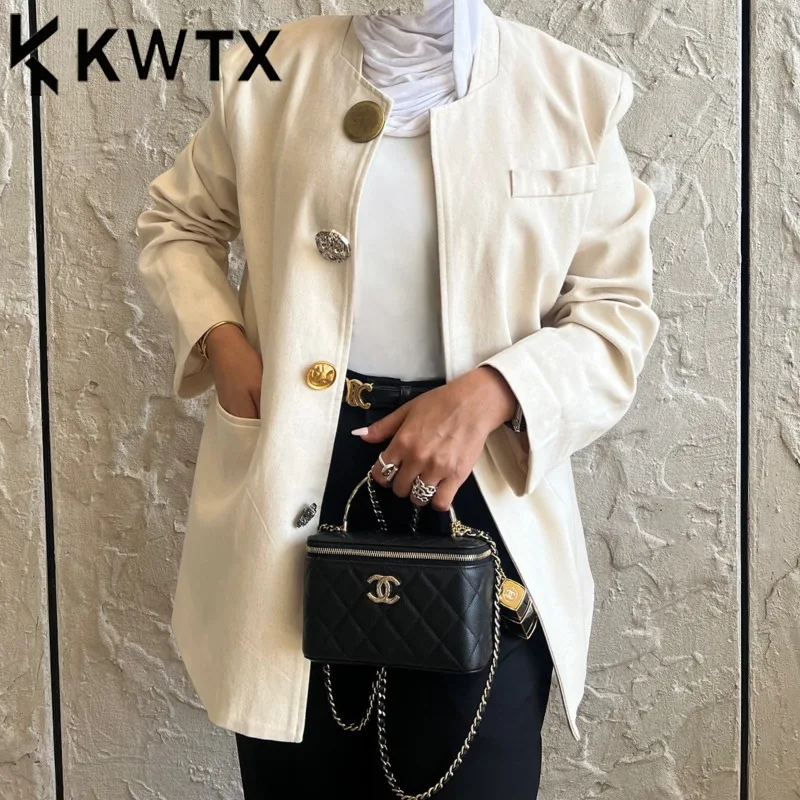 

Женская куртка KWTX со стандартными плечами и большими пуговицами, текстурированная, весна-лето 2021, легкая, элегантная, удобная, премиум-качества