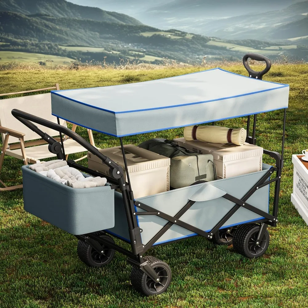 Heavy-Duty Outdoor Folding Wagon Cart with Removable Canopy, Adjustable Handles and Flexible Swivel Wheels for Large Capacity an