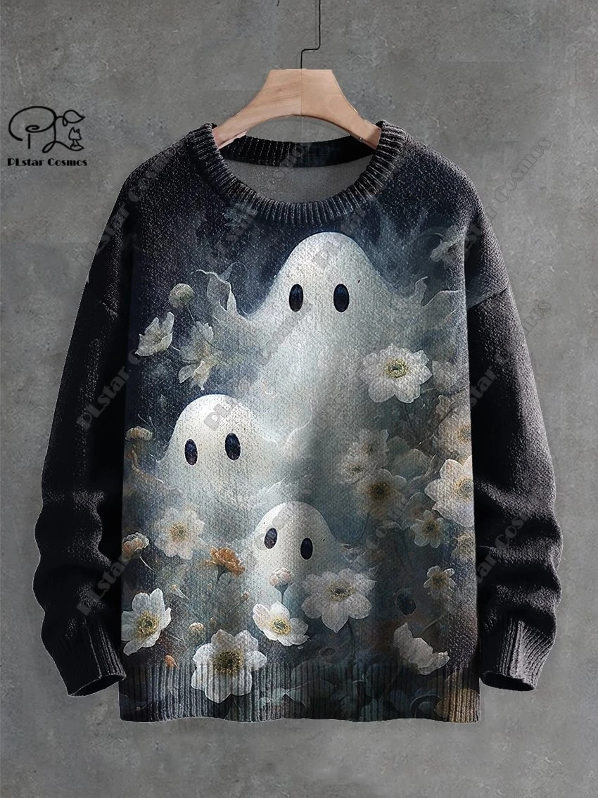 3D Printing Halloween Custom Series Horror Ghost Skull Witch Black Cat Pattern Ugly Sweater Street Casual Winter Sweatshirt W-10