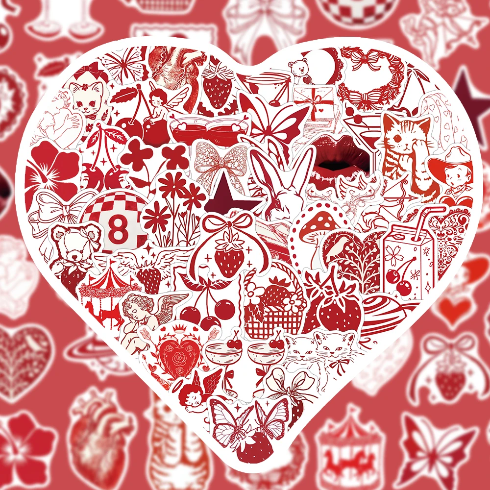 50 Stück rote Valentinstag-romantische Graffiti-Aufkleber, Kirsche, Erdbeere, Schmetterling, Liebe, schöne Dekoration, Handyhülle, Sammelalbum
