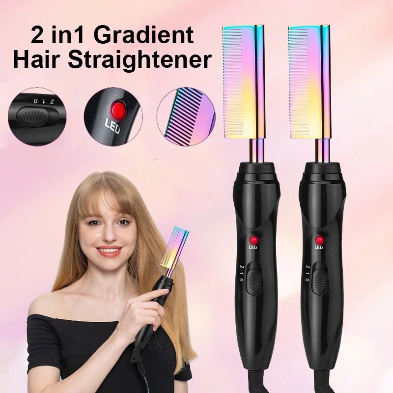 

2In1 Hair Straightener Flat Iron Wet And Dry Electric Hot Heating Comb Straightener For Wig Gradient Hair Curler Straight Styler