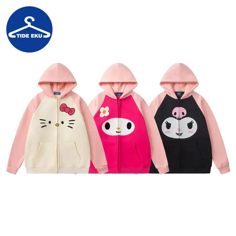 Cartoon Sanrio Hoodies Hello Kitty Cinnamoroll Plush and Thick Hooded Sweater Loose Casual Top Couple Creative Girls Gifts