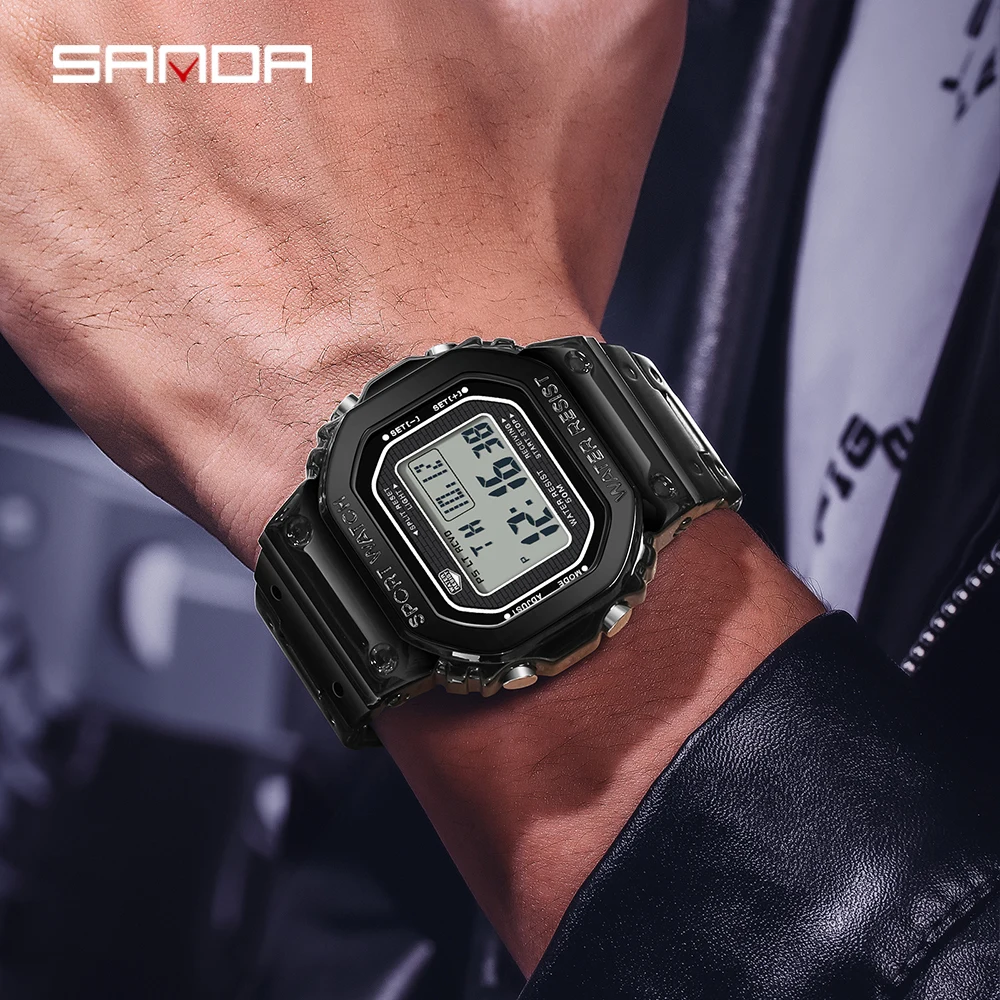 SANDA 2162 Men's Electronic Watch Square Waterproof Multi functional Wrist Watch Square Fashion Night Light Steel Digit Watches