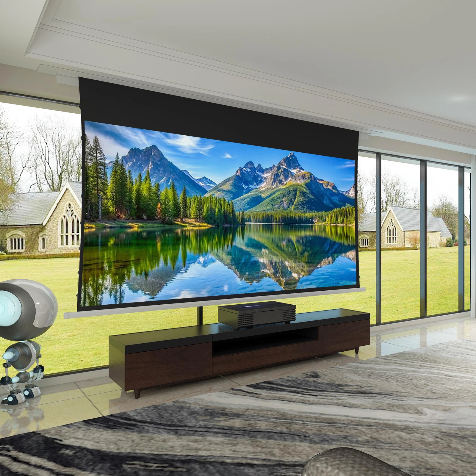 

Проекционный экран 2026 True 4K UHD 150 дюймов ALR с натяжением по краям, моторизованный, для установки в потолок, для проекторов UST