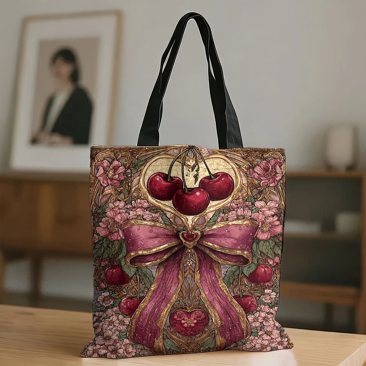1PC Handbag, Cherry Flower Pattern Design, Reusable, Large Capacity, Portable, Fessential for Daily Commuting, Shopping
