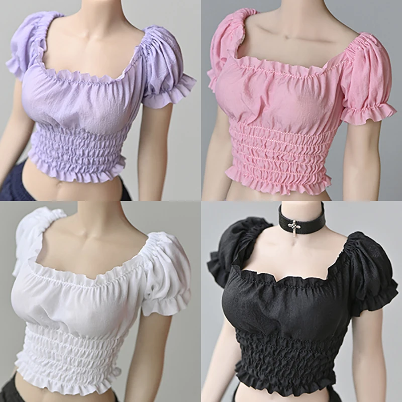 

1/6 Female Puff Sleeve Pleated Top Short T-shirt Clothes Model Fit 12'' PH TBL Soldier Action Figure Body Dolls Hobby Collection