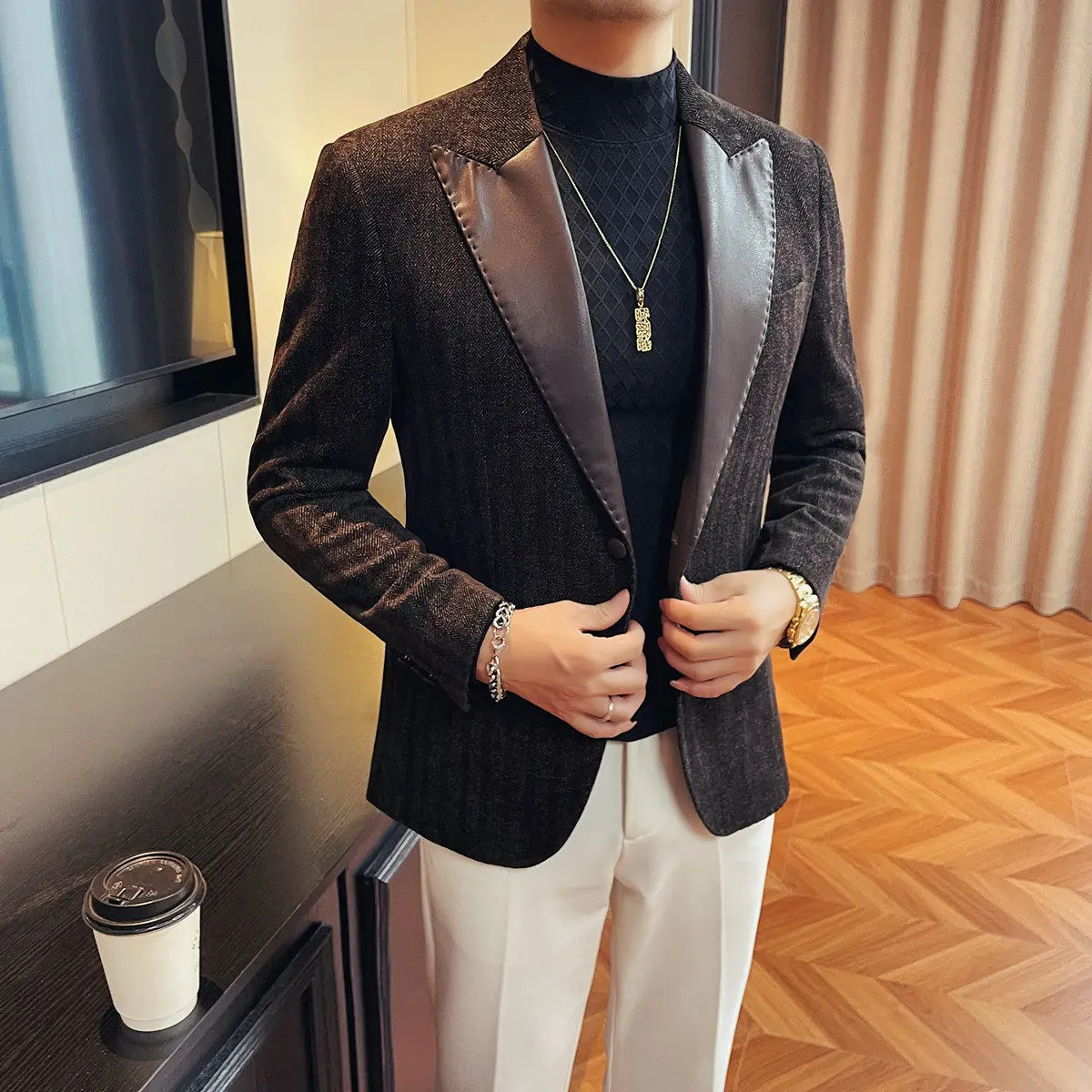 Autumn PU-spliced Suede Blazer Jacket for Men Business Casual Social Suit Jacket Slim Fit Banquet Party Formal Wedding Jackets