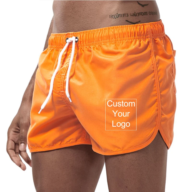 Custom Logo Men\'s Stretch Swim Trunks Quick Dry Beach Drawstring Shorts Pockets   Shorts