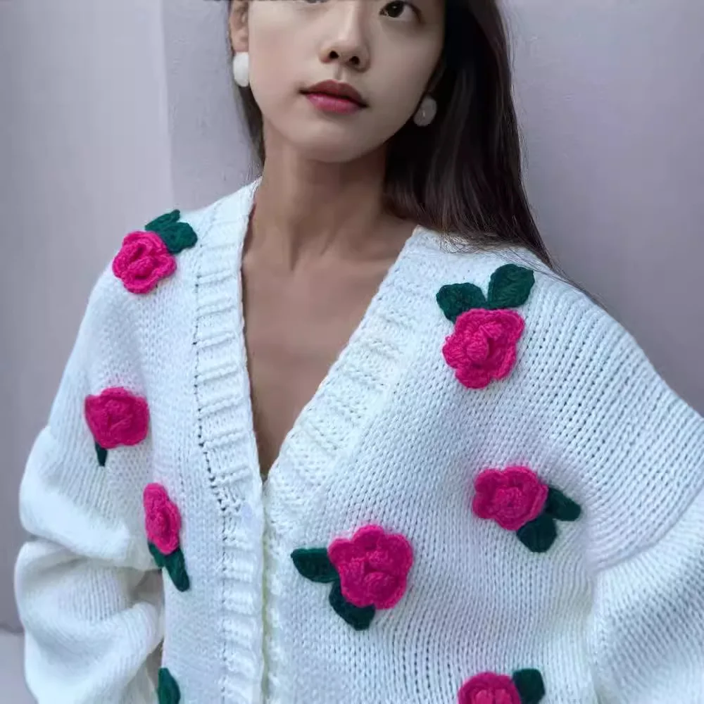 3D Flower Knitted Cardigan Sweater Women Autumn Winter Fashion Loose Long Sleeve Rose Sweet Girls Sweater Y2K Streetwear Lady