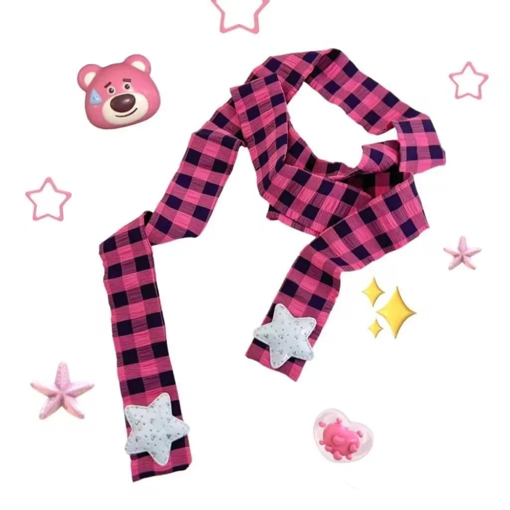 Original Y2K Homemade rose red plaid Water-color Pink Cute star Japanese Striped Two-dimensional  JK Scarf Women Luxury