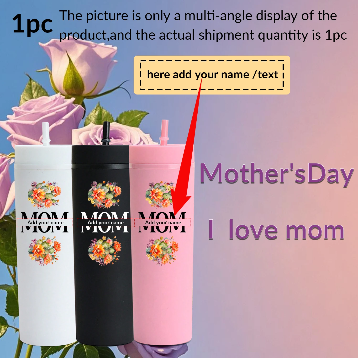 20oz Customized Name Party Water Bottle with Lid Straw Print Cactus Mother's Day Gift Cold Hot Insulated Drink Cups Gift for Mom