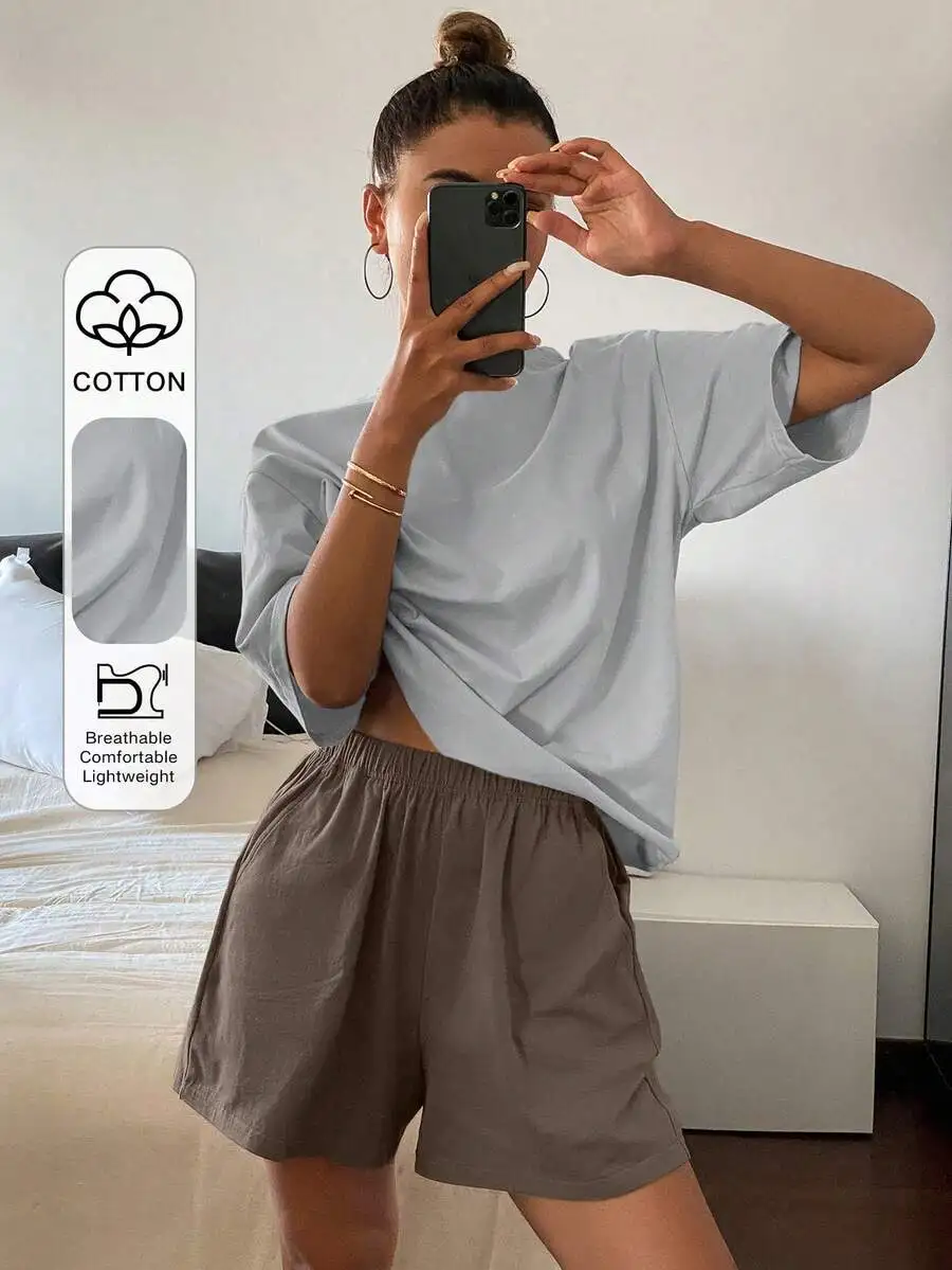 

Women Cotton Loose Short Sleeve Sleep Top And Shorts Pajama Set Summer