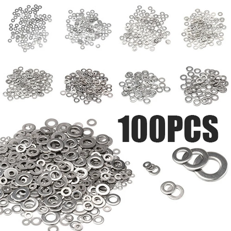 100/50/10pcs M1.6 M2 M2.5 M3 M3.5 M4 M5 M6 M8 M10 M12 M14 M16 304 Stainless Steel Flat Washer Plain Gasket