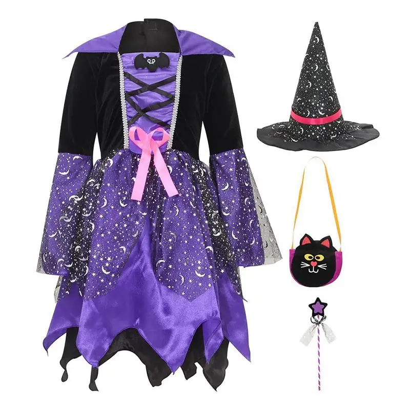 Halloween Witch Costume Sets Deluxe Witch Dress Outfit Cosplay Party Dress Accessories Fairy Tale Dress Up for Girls 3-12