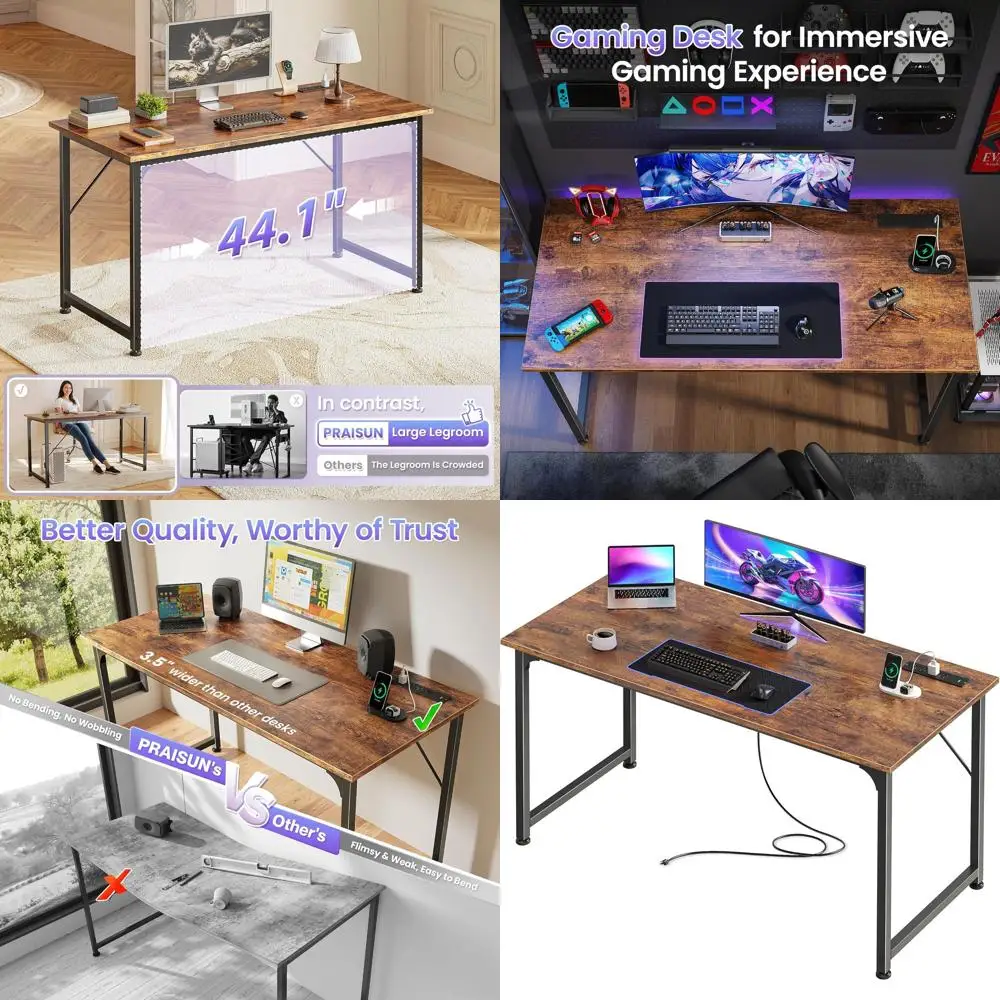 Mesa de Computador de Metal Marrom Rústico de 47 Polegadas com Portas de Energia e USB-C, Ideal para Jogos, Escritório em Casa, Estudo e Uso no Quarto