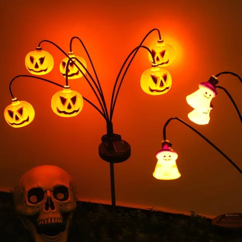 Solar Halloween Tree Stake Light Ghost Pumpkin Skeleton LED Pathway Light Waterproof Automatic Switch Metal Outdoor Garden Decor