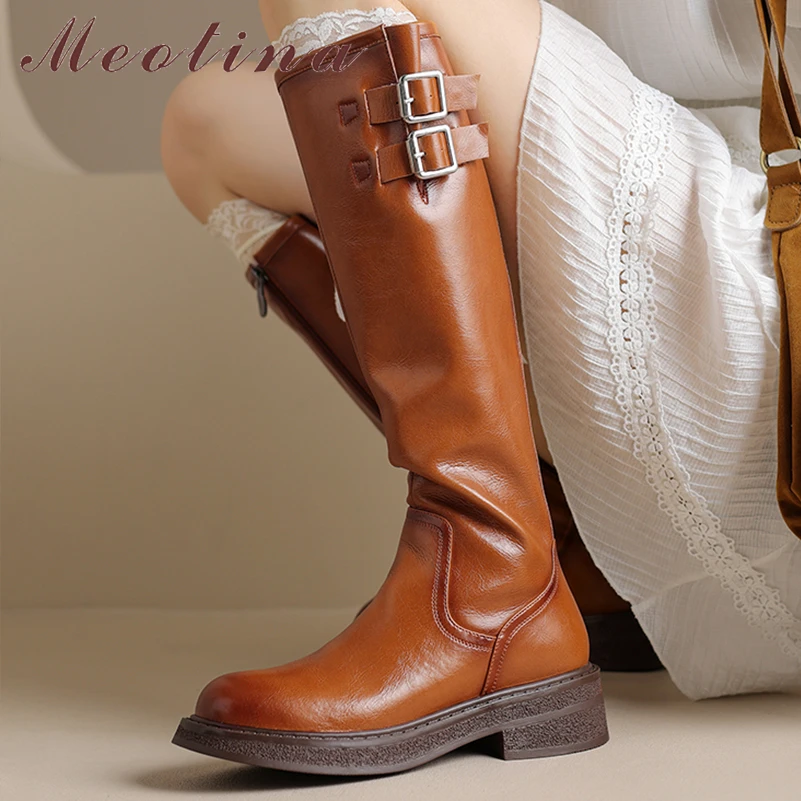 

Meotina Women Genuine Leather Knee High Long Boots Round Toe Thick Mid Heels Buckle Zipper Gogo Boots Lady Shoes Winter Khaki 40