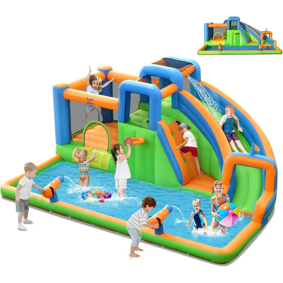 Tobogán acuático inflable, casa gigante de rebote para parque acuático 7 en 1 para patio trasero al aire libre, piscina contra salpicaduras, cañones de agua y paredes trepadoras,