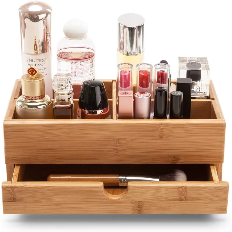 Bamboo Makeup Organizers and Storage with Drawer - Wooden Cosmetic Organizer Countertop