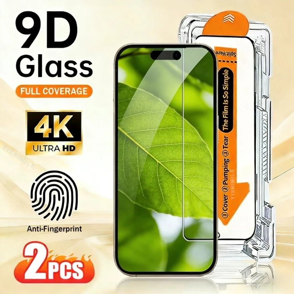 

2 шт. Защитное стекло Full Cover для iPhone 17, 16, 15, 14 Pro Max, Air 17e, 16e, 15, 14 Plus, 13, 12, 11 Pro с установкой в один клик