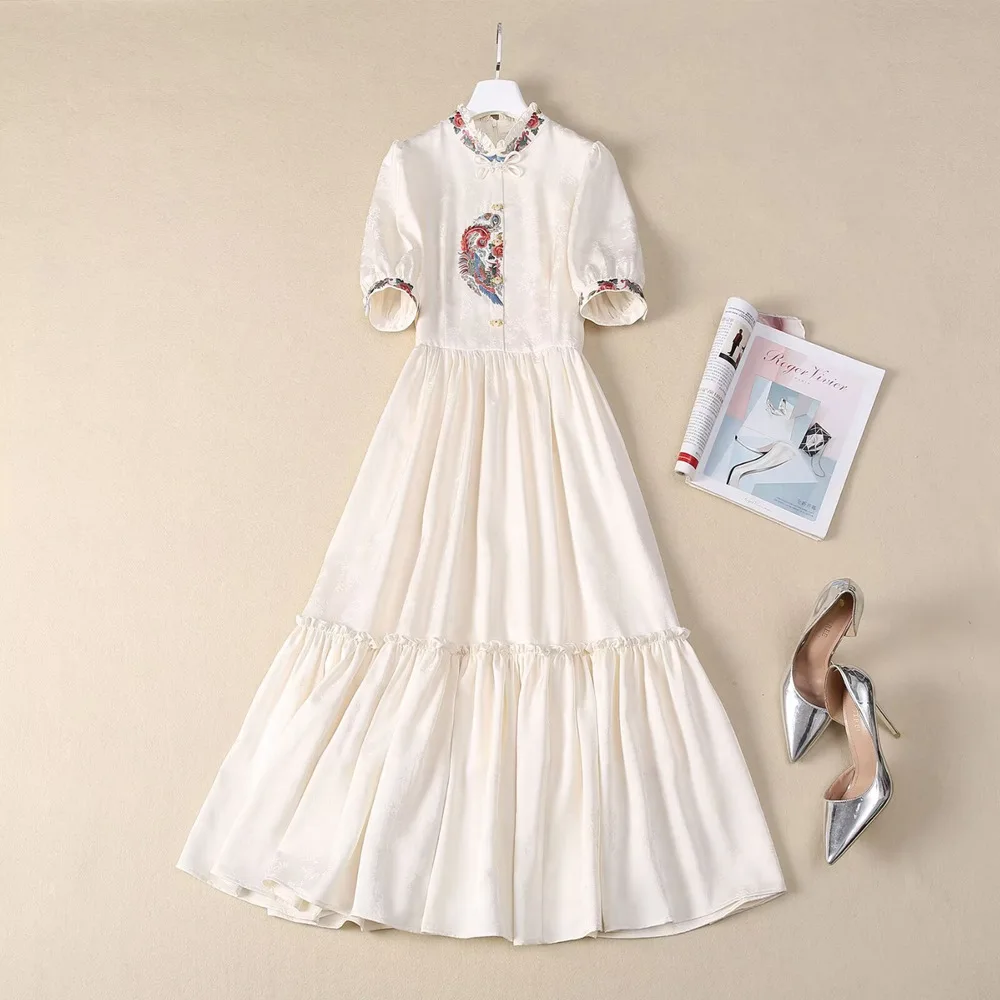 

European and American women's clothing new summer Stand collar Five-quarter sleeve vintage embroidery Fashion pleated dress XXL