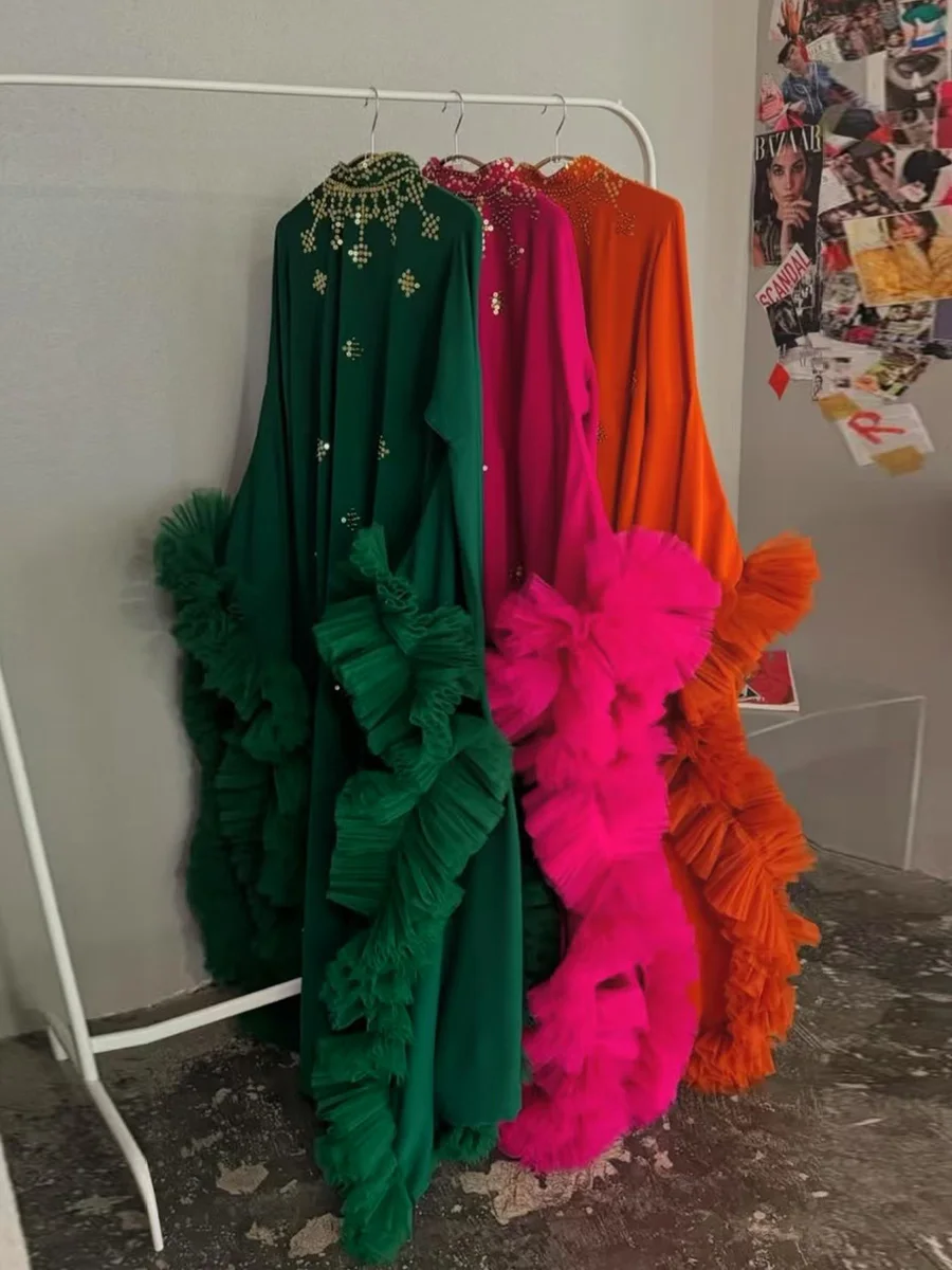 Vgh lantejoulas emendadas chique vestidos longos de noite para mulheres gola manga alargamento retalhos em camadas malha cerimônia vestido feminino