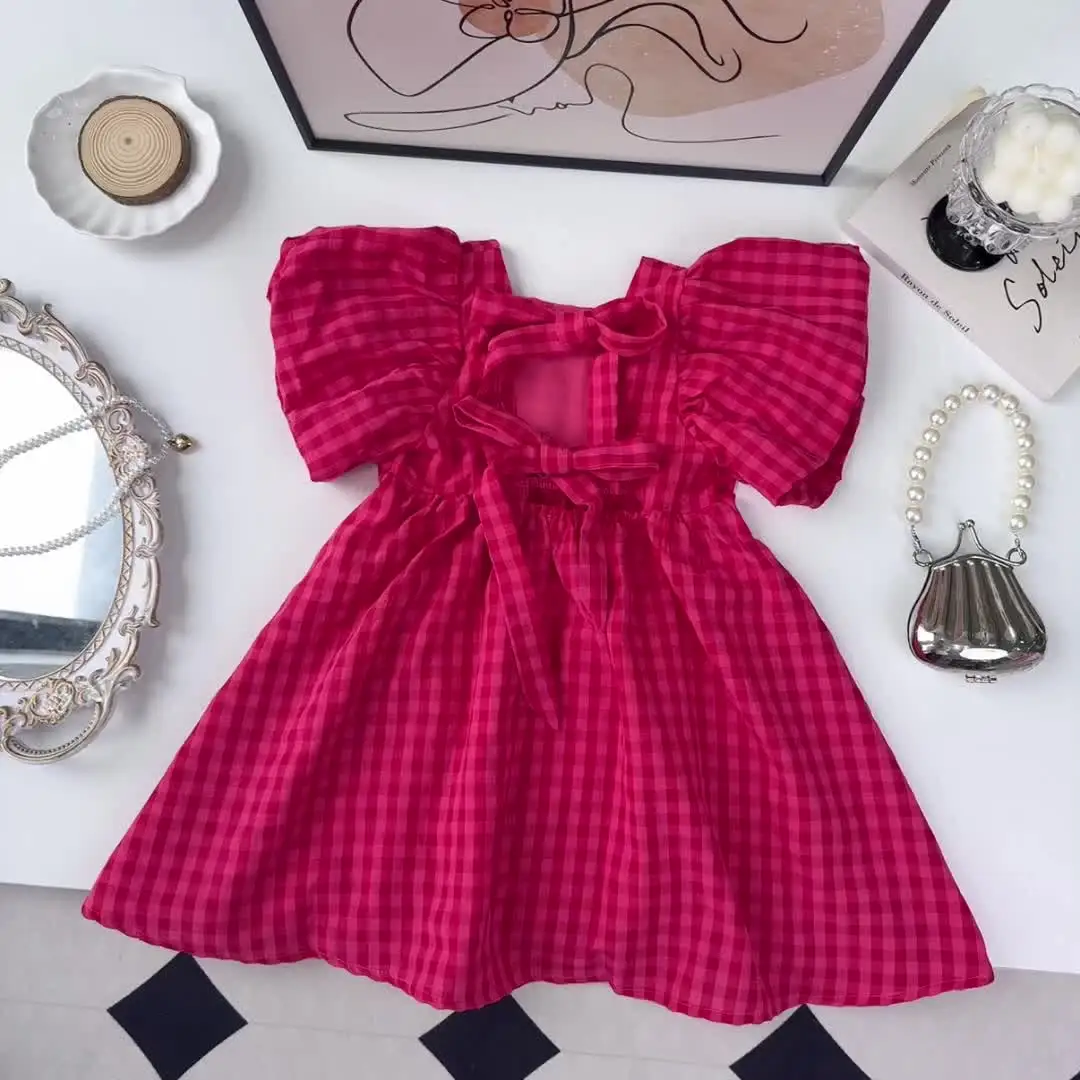 Bear Leader Rose Pink Plaid Bow Dress Elegant Lolita Child Big Girls Midi Dress Children Dresses Teens Party Princess Sundress