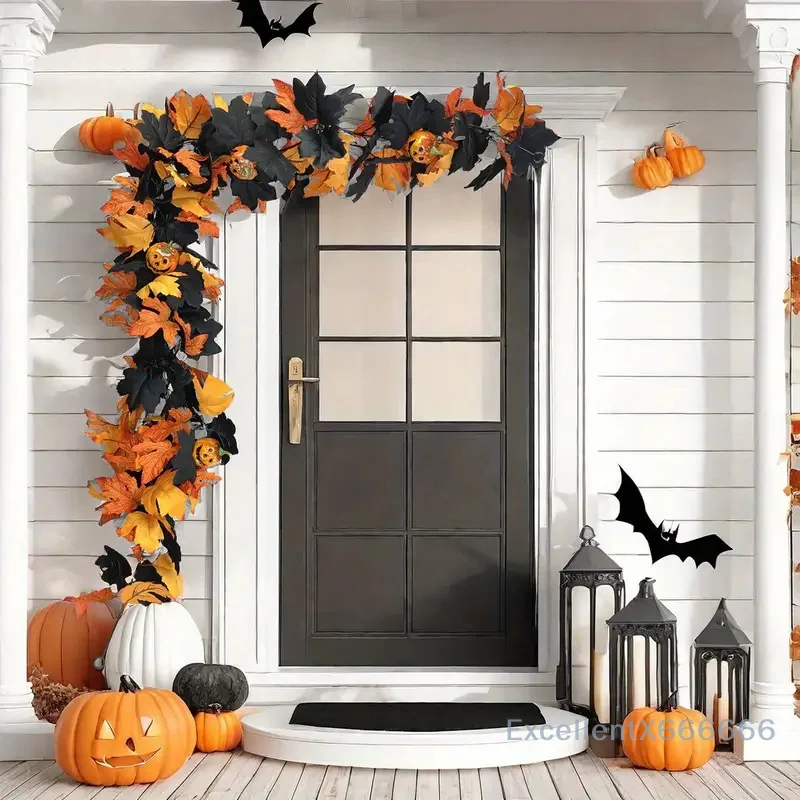 

1 Halloween Wreath With Gothic Maple Leaves And Pumpkin Vines With Spider Decorations To Create A Spooky Holiday Home Atmosphere