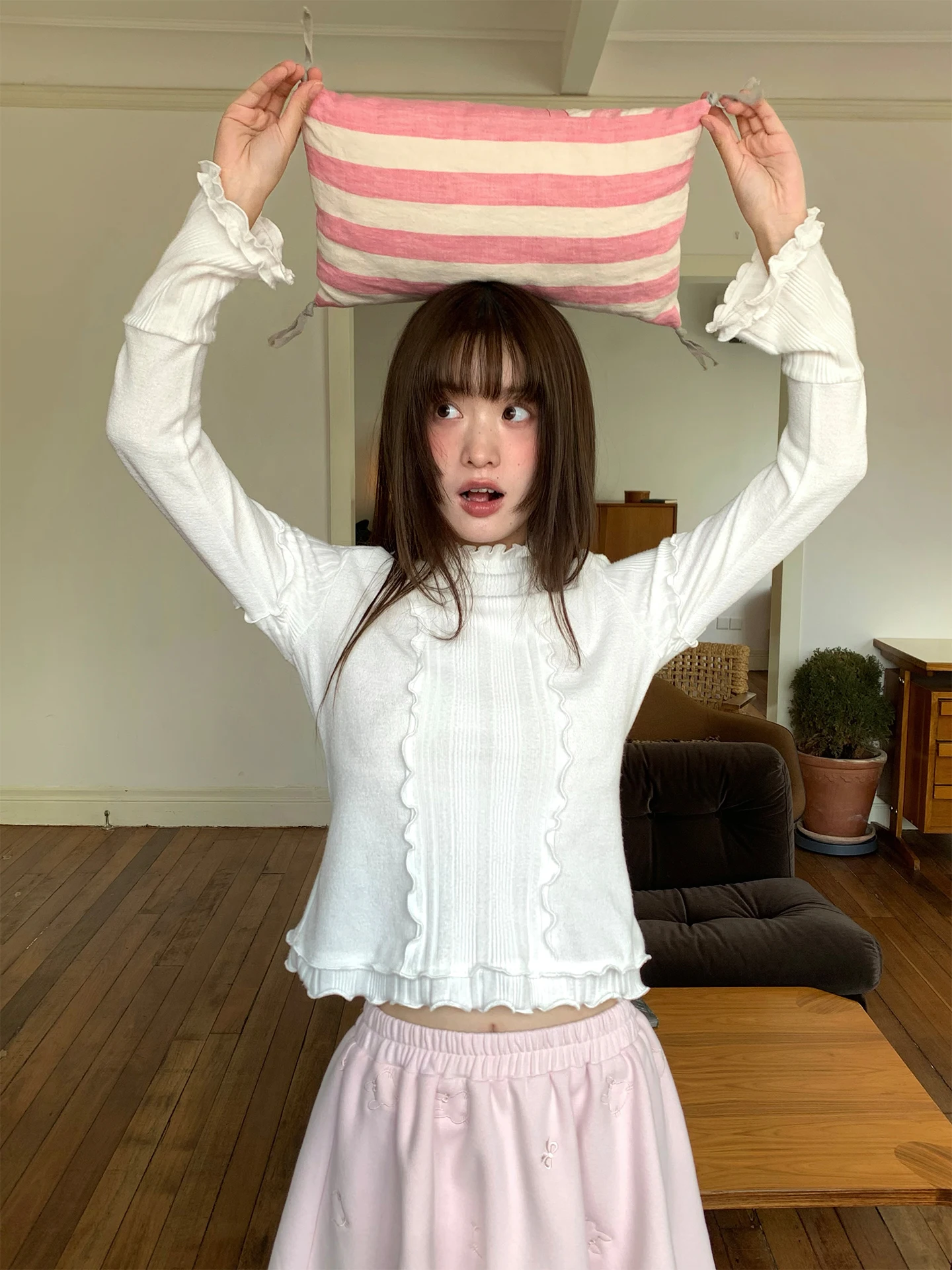 

Chic White Versatile Sweet f High Collar Elastic Knitted Cotton Splicing Long Sve Base irt Women's Faion