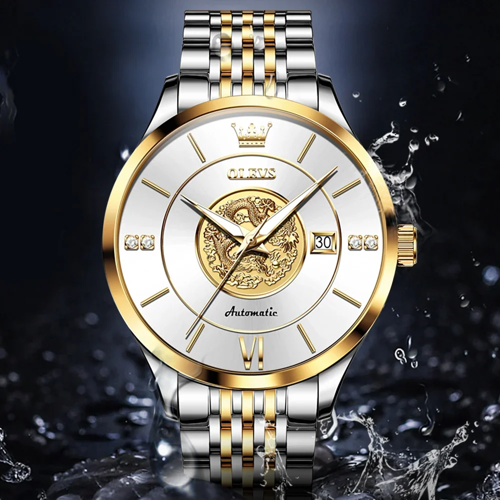 OLEVS 6693 Luxury automatic Mechanical Watch For Men Waterproof Calendar Mens Watches Dragon Dial Wristwatch Luminous watches