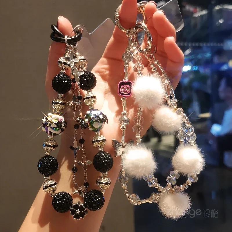 Mobile Phone Lanyard Diamond Embellished Pendant Short Ball Beaded Bracelet Women's Clip Style Phone Case Universal Lanyard Key