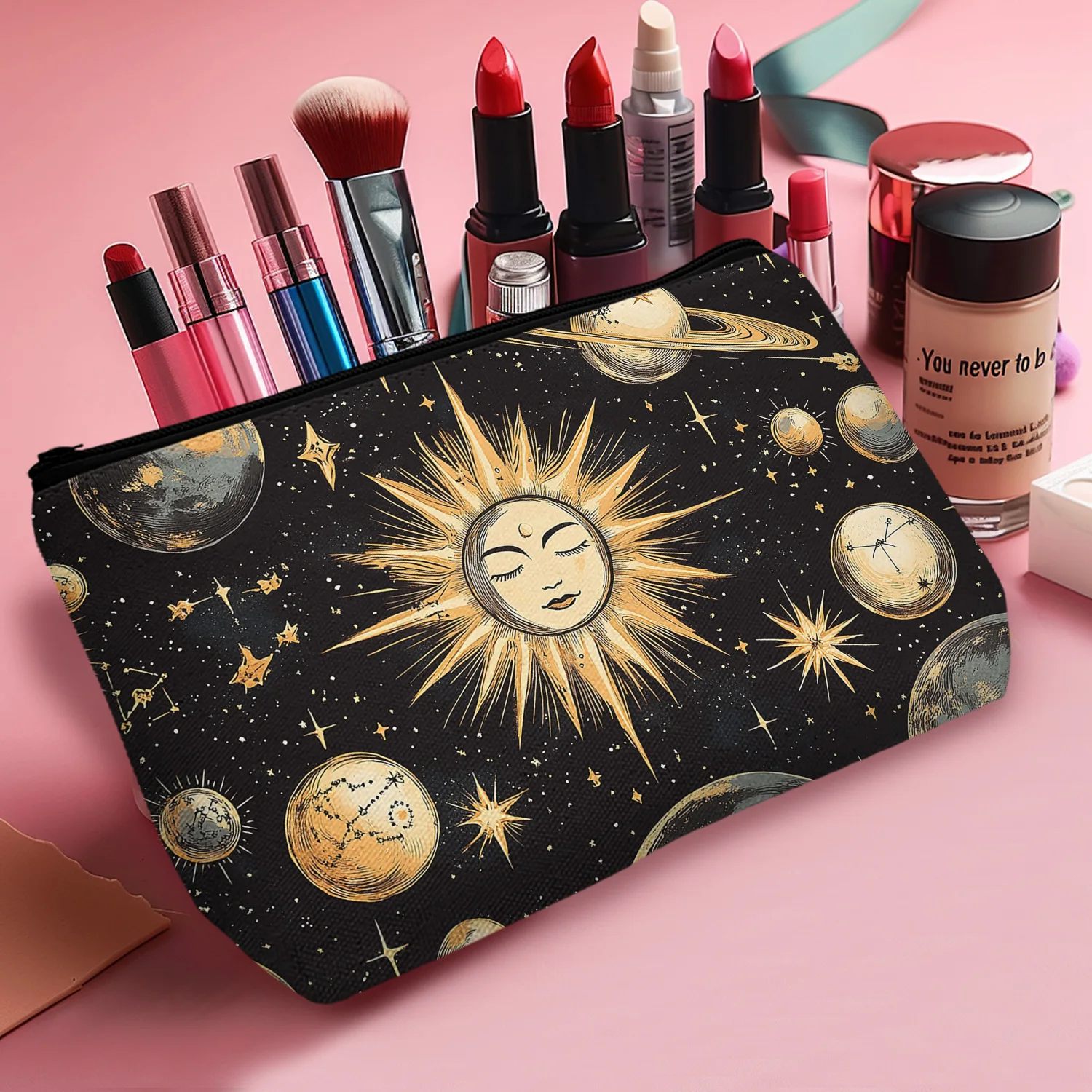 1Pc Moon Sun Crescent Makeup Bag Esoteric Zodiac Cosmetic Bag For Women Portable With Zipper Travel Make Up Bag Best Gift For