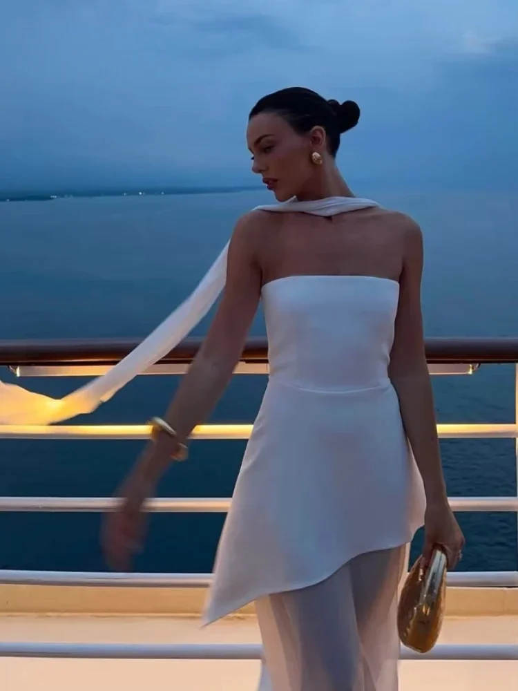 

Elegant Simple Strapless Wedding Dresses Women Side Split Mesh Patchwork Prom Dresses 2025 Solid Scarf Party Chic Brides Gown