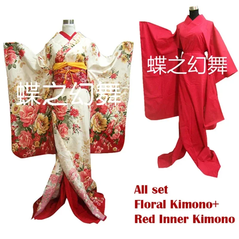 Женское традиционное японское кимоно Furisode с цветочным принтом, длинный костюм юката для косплея